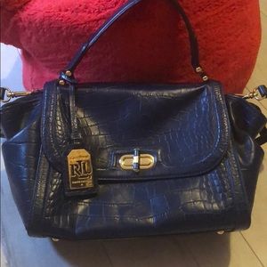 Ralph Lauren Navy Croc-Embossed Leather Satchel with Gold Hardware